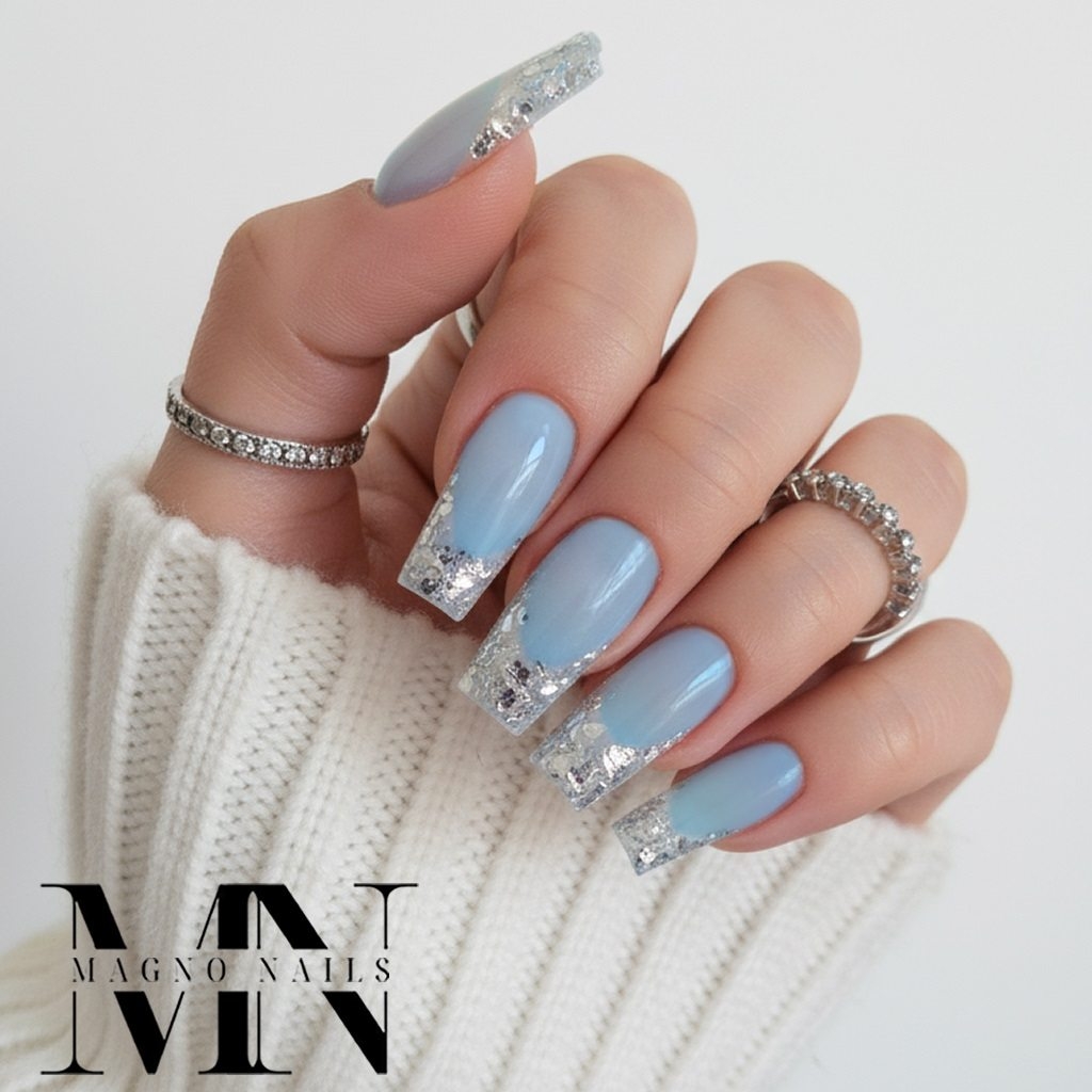Lange Nägel pastel Blau transparent - Polygel Make Up blau